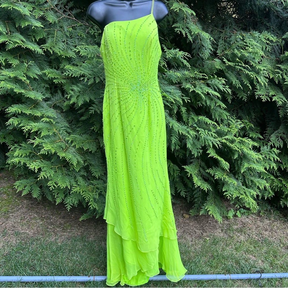 Y2K Vintage Tiffany Designs Fairy Dress Size 12 Neon Yellow Green One Shoulder